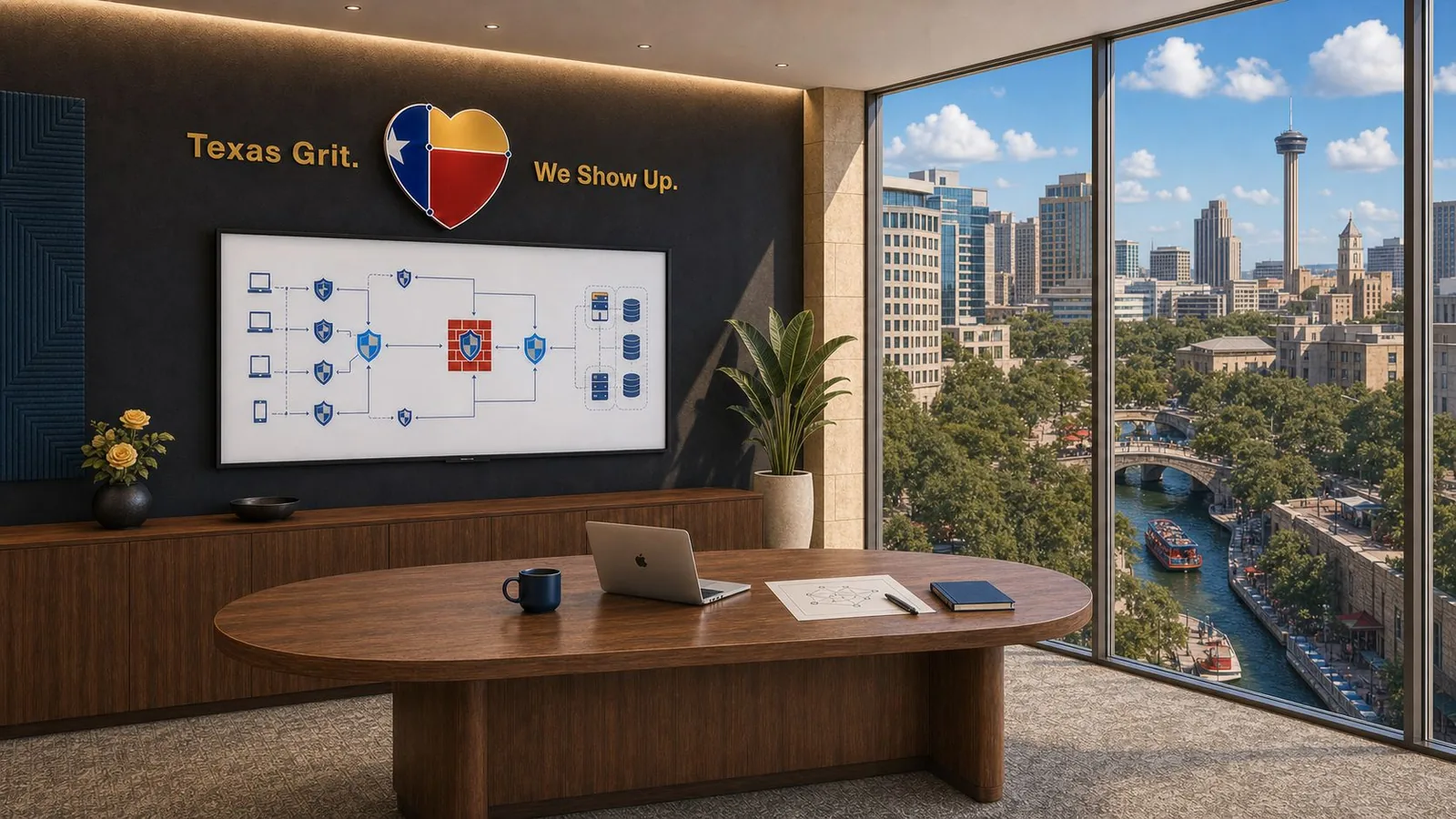 A MoGhraOps room — the table, a Zero Trust diagram on the screen, the Texas heart on the wall, the city beyond the windows.