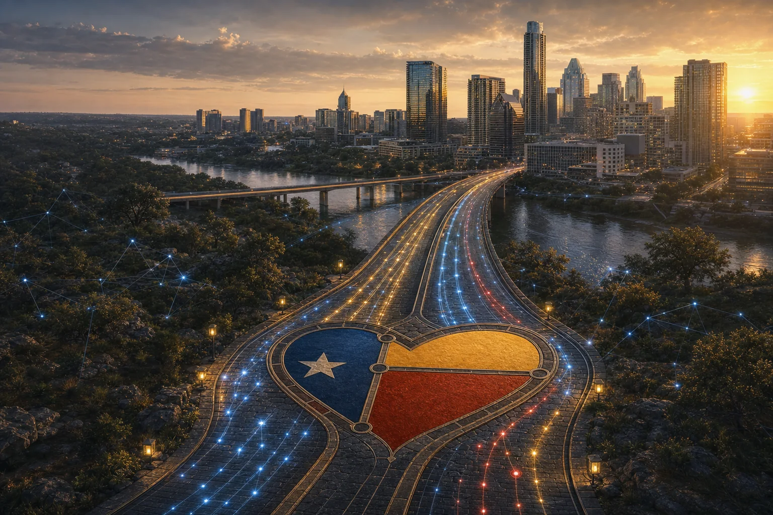 The MoGhraOps Texas heart set in the road, data streaming toward the Austin skyline at sunset.