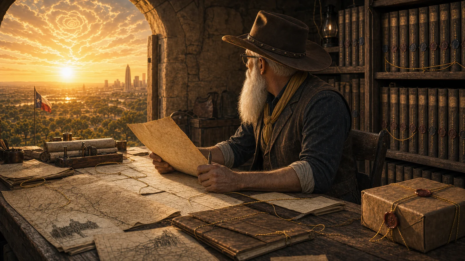 GRITS — the evidence engine: the record-keeper at his desk, dossiers bound and sealed, the Yellow Rose in the sky