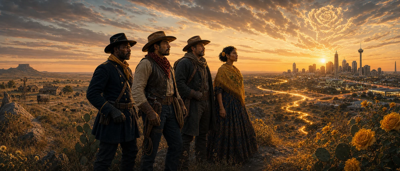 At golden hour on the Texas hill country above a modern San Antonio skyline stand the lineage of the watch — the Marshal (honoring the Buffalo Soldiers), the Vaquero (honoring the Tejano horsemen), the Ranger, and YellowRose in a gold shawl — the frontier giving way to the city, a rose blooming in the clouds.